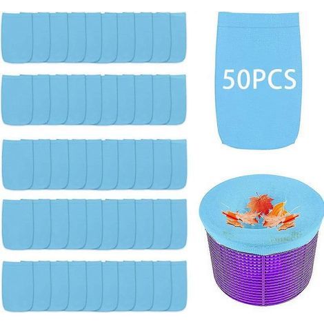 Lot de 50 sacs filtrants pour skimmer de piscine, adaptés aux piscines hors sol et enterrées, sacs filtrants à mailles fines qui retiennent les débris et les feuilles. (1/5)