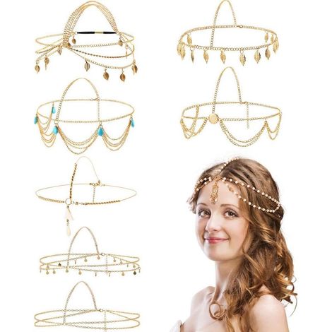 Haarreif – Vergoldetes Haarband aus einer Legierung im Boho-Stil mit Perlenquaste und Münzverzierung – Verstellbar bis 52 cm – Für Hochzeiten, Abschlussbälle und Feiertage – 1 Stück (1/5)