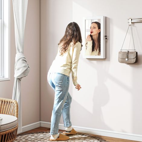 Meuble à bijoux miroir avec design mural et 2 clés de sécurité, en bois, 36,5x9,5x67 cm, blanc
