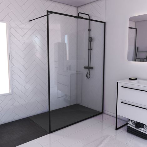 Mampara de ducha 140x200 + plato a suelo 140x90cm –marco y barra negro mate (1/5)