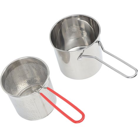 Petite friteuse en acier inoxydable avec système de filtration d'huile de type olecranon, style japonais, pour économiser l'huile. Ensemble de 3 pièces : casserole, panier passoire et couvercle. (1/5)