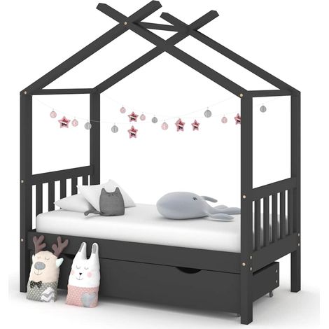 Estructura de cama infantil y cajón madera pino gris 70x140cm