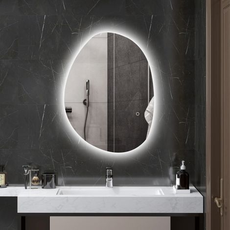 Espejo de baño asimétrico 70 x 50 cm con luz LED, táctil inteligente, antivaho, plata (1/5)