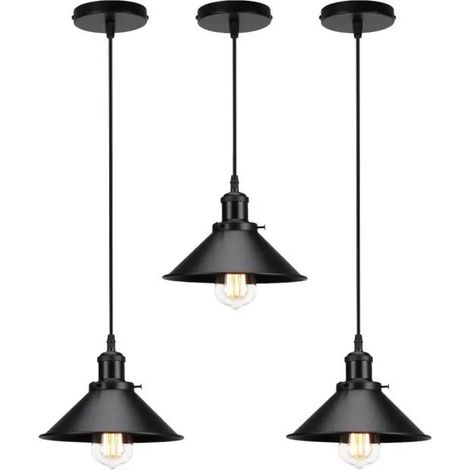 U-Do 3Pcs Lustre Suspension Luminaire Industriel Vintage Lampe en Fer Noir E27 22CM (1/4)