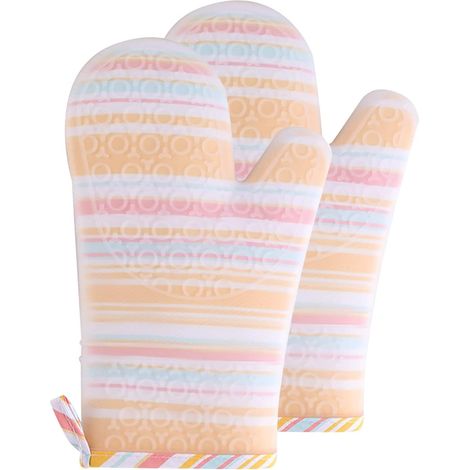 Gants de cuisine en silicone résistants à la chaleur jusqu'à 300 °C, en coton, lavables et antidérapants, avec boucle de suspension. Idéaux pour la cuisson, la pâtisserie et les grillades (T2). (1/5)