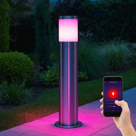 Smart Außenstehleuchte Gartenlampe Wegeleuchte Edelstahl Sockellampe silber LED Stehlampe, App Steuerung, RGB LED 5W 470Lm warm-kaltweiß, DxH 14x50 cm (1/5)