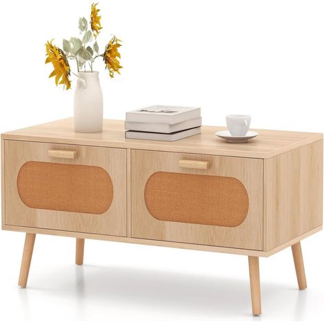 Tavolino da caffè in rattan stile metà secolo, Tavolino rettangolare con doppio cassetto e scomparto posteriore (1/5)