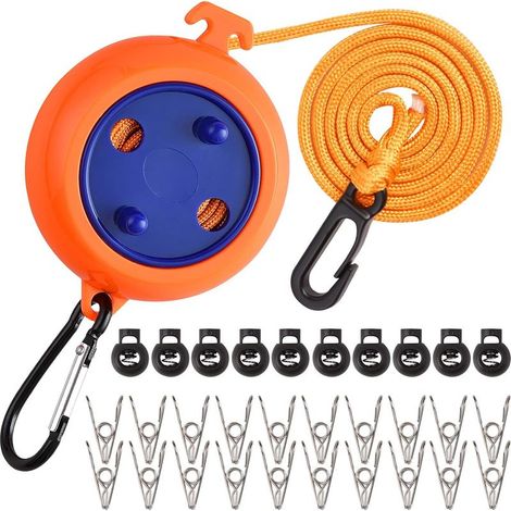 10m Corde a Linge Retractable, Corde a Linge Camping avec 10 Boucles Fixes et 20 Pinces à Linge, Fil Linge Retractable Portable, Corde à Linge Rétractable pour Intérieur/Extérieur Camping Voyage (1/5)