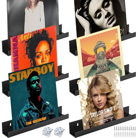 Set di 6 porta dischi da parete (acrilico nero) - Supporto da parete in vinile - 30,5 x 4,3 x 4,3 cm - Per targhe e foto, librerie, riviste (30,5 x 4,3 x 4,3 cm)