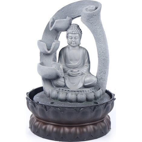 Zimmerbrunnen Zierbrunnen Brunnen Buddha Brunnen Wasserspiel Harz mit LED-Beleuchtung 28cm Deko Springbrunnen Grau (1/5)