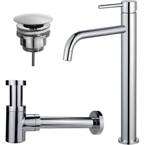 FugaFlow Eccelente Sobrado Slim Slim Kit mitigeur lavabo - robinet rehaussé - bonde non-obturable - siphon design bas - Chrome brillant (1/4)