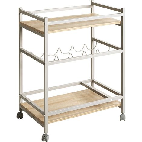 Desserte de cuisine à roulettes avec porte-bouteilles coloris chêne – Longueur 60 x Profondeur 40 x Hauteur 80 cm (1/5)