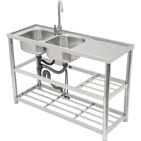 Évier double en acier inoxydable - Avec 2 bacs - Multifonction - Avec table de travail et mitigeur - Pour hôtel, buanderie, cave, garage (1/5)