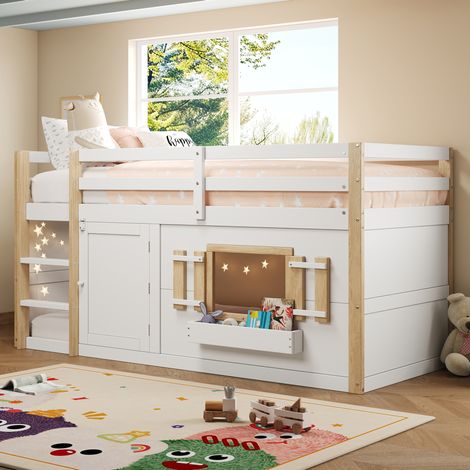 Lit superposé 90 x 200 cm enfant blanc en bois avec espace jeu, sommier inclus (1/5)