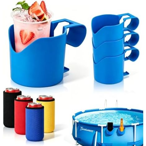 Set 4 Porte-Gobelets Piscine + 4 Refroidisseurs à Bière, Bord de Piscine, Hors-Sol, Fête, Bateau, Camping (1/5)