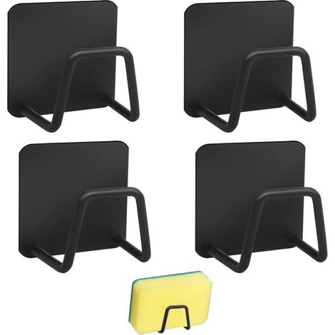 royaluxe - Porte-éponge 4 pièces, porte-éponge à vaisselle en acier inoxydable, support d'éponge antirouille pour évier de cuisine, noir mat (1/5)