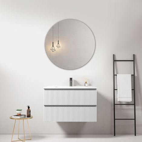 Mobile bagno sospeso cannettato 80 cm Bianco Lavabo in Ceramica Specchio Tondo - Fiji Paint (1/4)