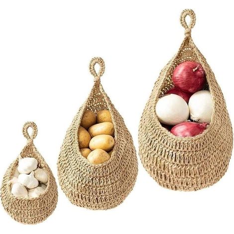 3Pcs Hängende Obstkörbe für die Küche, Hängender Korb Baumwolle Teardrop Hängende Körbe, Platzsparende Aufbewahrungs für Gemüse, Zwiebeln, Kartoffeln und Obst - Flachsfarben