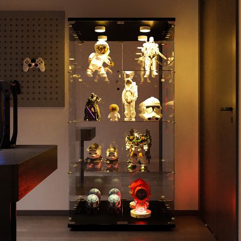 Vitrine en Verre avec Éclairage- Armoire de Collection Moderne en Verre à Quatre Couches avec 2 Portes - Verre trempé Vitrine de Collection - Noir (1/5)