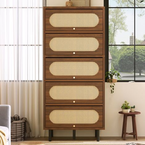 Hoher Nussbaum-Schrank mit Rattanoptik, 80 x 40 x 163 cm, 5 Drehtüren, Metallfüße (1/5)