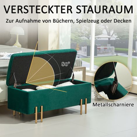 Banc capitonné avec coffre de rangement, métal et bois d'hévéa, mousse, 100 x 40 x 42 cm, teinte verte