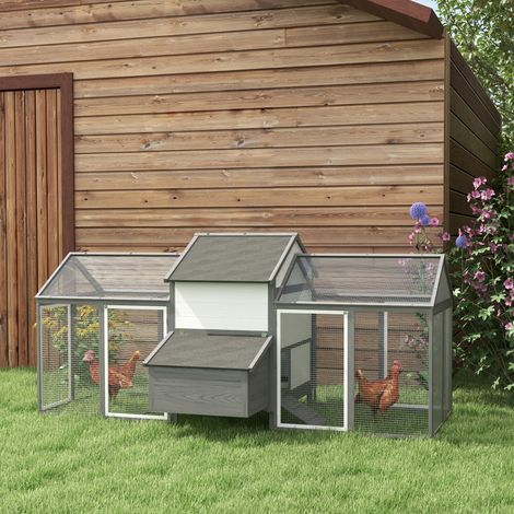 Poulailler en bois avec 2 enclos modulables et 1 niche, 1 pondoir, tiroir à déjection, 247 x 118 x 113,5 cm, gris