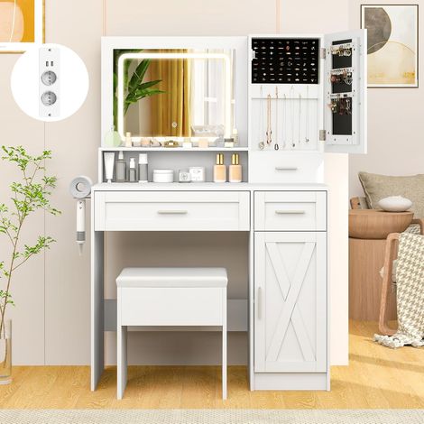 Costway – Coiffeuse enfant avec miroir éclairé LED – Station de charge USB – Armoire à bijoux avec 64 emplacements – 3 tiroirs – Blanc (1/5)