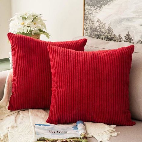 45×45cm-Lot de 2 housses de coussin de Noël 45 x 45 cm, en velours côtelé rouge doux, carrées et décoratives pour l'hiver, canapé,c (1/5)