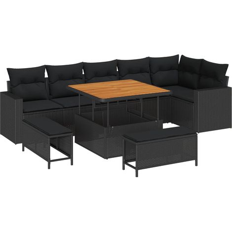 Garden Sofa Set with Cushion 11 pcs Black Poly Rattan vidaXL
