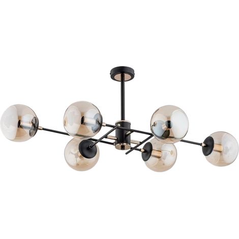 Alfa TANOS 62179 Modern 6-Light Chandelier Ceiling Pendant, Black & Gold Metal with Amber Glass Shades, E14 Sockets Max 40W, Dimmable, IP20, 96cm Wide, for Living Room & Dining