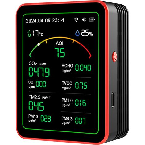 Air Quality Monitor - CO2 Meter - Measures CO2 PM2.5 PM10 TVOC HCHO AQI Temp Humidity Pressure - For Home Office School Hotel Car - Black - 1 Piece