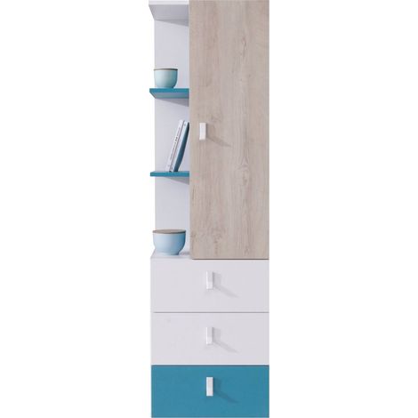 Étagère Camteso 105, Blanc + Chêne + Turquoise, Avec des portes, Fermé, Avec tiroirs, Stratifié, Le nombre de portes: 1, Nombre de tiroirs: 3, 160x45x40cm
