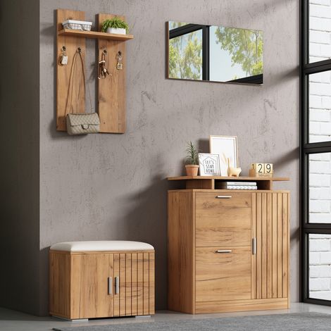 Recibidor con zapatero (140x35x133 cm), banco con asiento acolchado, espejo, ganchos, tablero de partículas, natural (1/5)