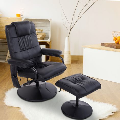 Sillón eléctrico giratorio y reclinable con función de masaje y relajación, reposapiés y tapicería sintética negra.