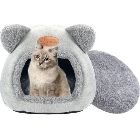 Niche d'intérieur lavable pour chat avec fond antidérapant et tapis amovible, pour chats, lapins, chiens et autres petits animaux (gris) (1/5)