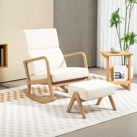 Sedia a dondolo con poggiapiedi, rivestimento morbido effetto lino, struttura in legno, bianco crema (1/5)