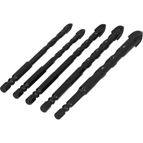 Kit de 5 forets cruciformes à queue hexagonale pour le perçage du carrelage, du béton et du verre (noir) (1/5)