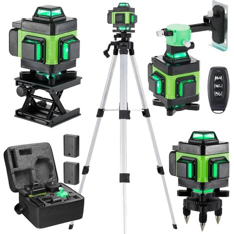 Nivel láser IP54 de 16 líneas con nivel de burbuja, 2 baterías de 2400 mAh, trípode telescópico para instalación en azulejos, espaciadores de instalación, kit láser de cruz verde. (1/5)