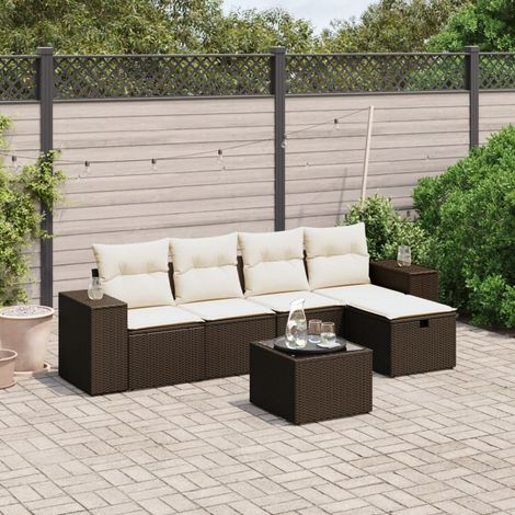 Salon de jardin 6 places en résine tressée marron avec table en verre et coussins lavables – Ensemble complet modulaire pour terrasse (1/4)