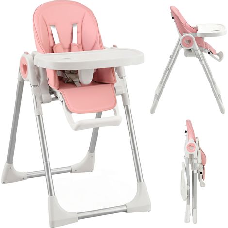 Chaise haute pliante pour bébés de 6 à 36 mois, hauteur réglable, double plateau lavable, roulettes, rose (1/5)