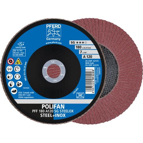 PFERD TOOLS POLIFAN Fächerscheibe PFF 180x22,23 mm flach A120 Leistungslinie SG STEELOX Stahl/Edelstahl