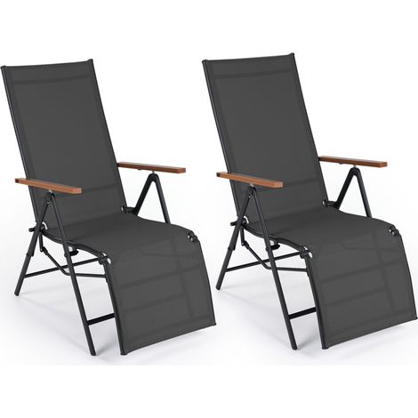 Lot de 2 transats de jardin noirs pliants en métal avec dossier réglable et tissu respirant pour jardin, balcon et terrasse (1/5)