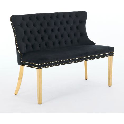 Banquette de salle à manger double en velours, siège de cuisine et salle à manger, banc capitonné 2 places avec boutons faits main, dossier ailé, pieds en acier plaqué or, style mid-century moderne, l (1/5)