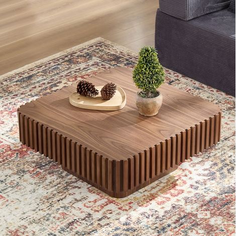 Table basse carrée 80x80x35 cm en MDF coloris noyer, cadre bois rainuré, REDOM (1/5)