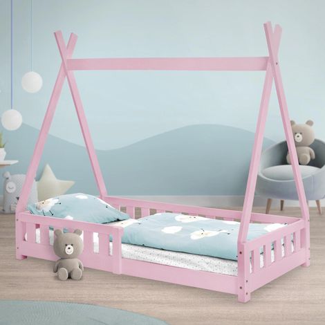 ML-Design Cama Infantil Tipi 80x160 cm con Protección Anticaída y Somier Estructura Listones de Madera de Pino Maciza Rosa Lecho Cuna de Suelo Forma de Casa Mobiliario Juego Tienda de Campaña Niños (1/5)