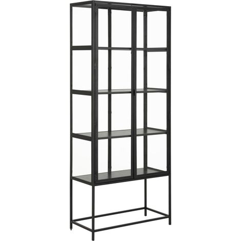 Estantería Norsica Sevferi 142, Cenizas negro + Negro, Con puertas, Cerrable, MDF, Vidrio templado, Metal, Número de puertas: 2, Número de cajones: 0, 186x77x35cm (1/5)