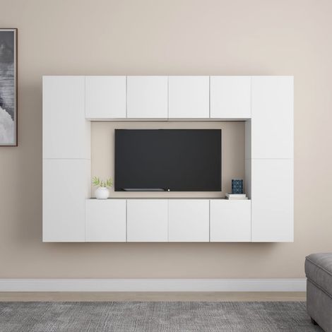 Lot de 8 Meubles TV - Armoire Télévision Moderne Banc TV Blanc Aggloméré -FR64706 (1/5)