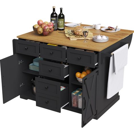 Îlot de cuisine multifonction noir en MDF et métal avec plateau effet bois, 147 cm