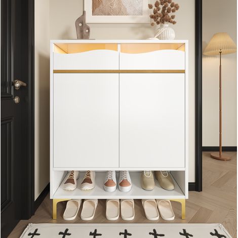 Schuhschrank 80x35x105 cm Weiß MDF und Spanplatte mit LED-Beleuchtung, Schubladen und verstellbaren Einlegeböden (1/5)