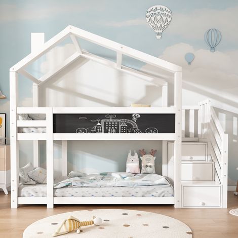 Lit enfant cabane 90x200, lit superposé avec cheminée et rangement, protection anti-chute, blanc, tableau inclus, 2 sommiers, sans matelas (1/5)